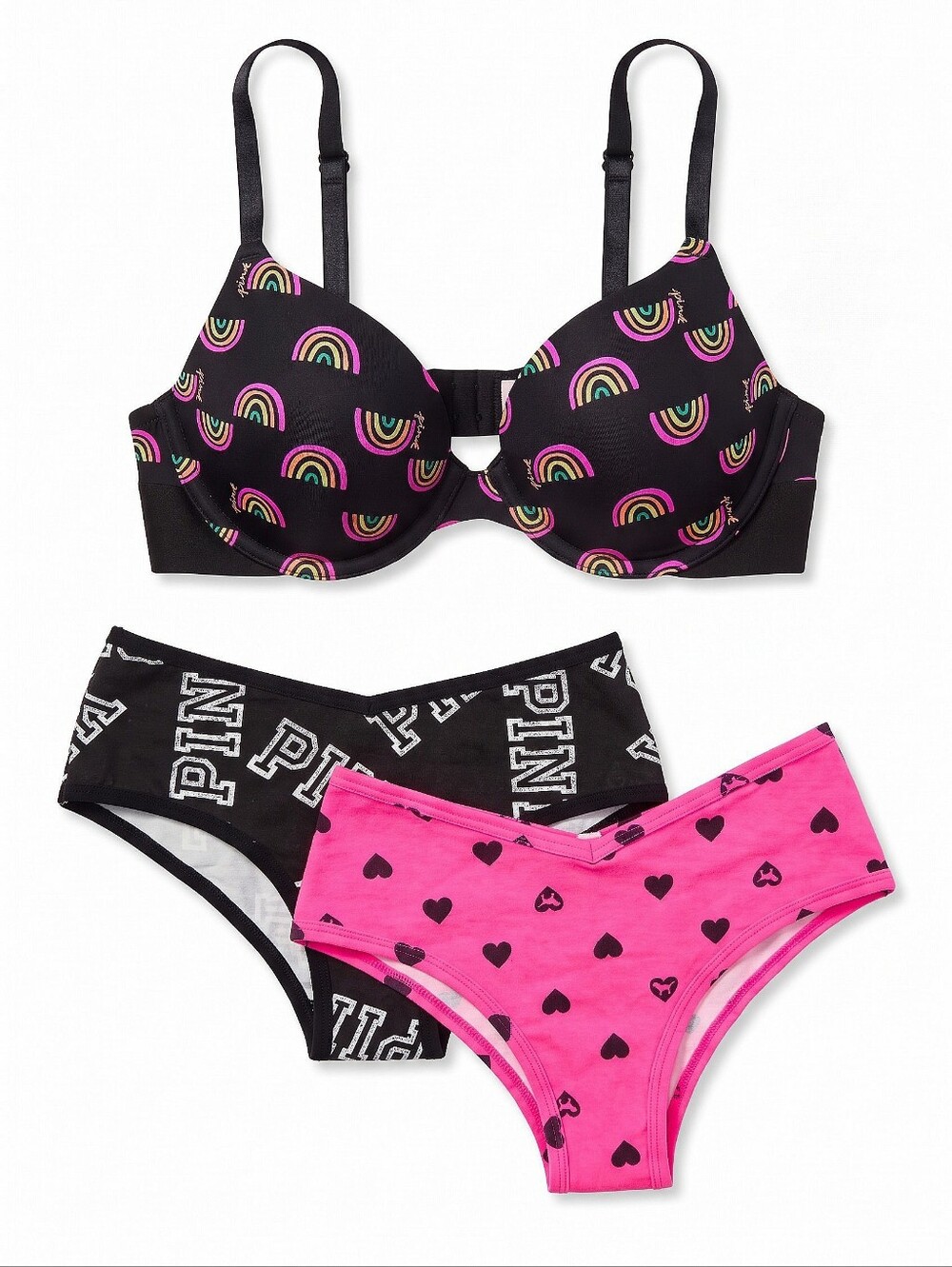 NWT! PINK Black Rainbow Print Underwire Bra with Pink & Black Hipster Panty Set